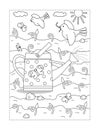 Spring and gardening coloring page with watering can, young sprouts, birds